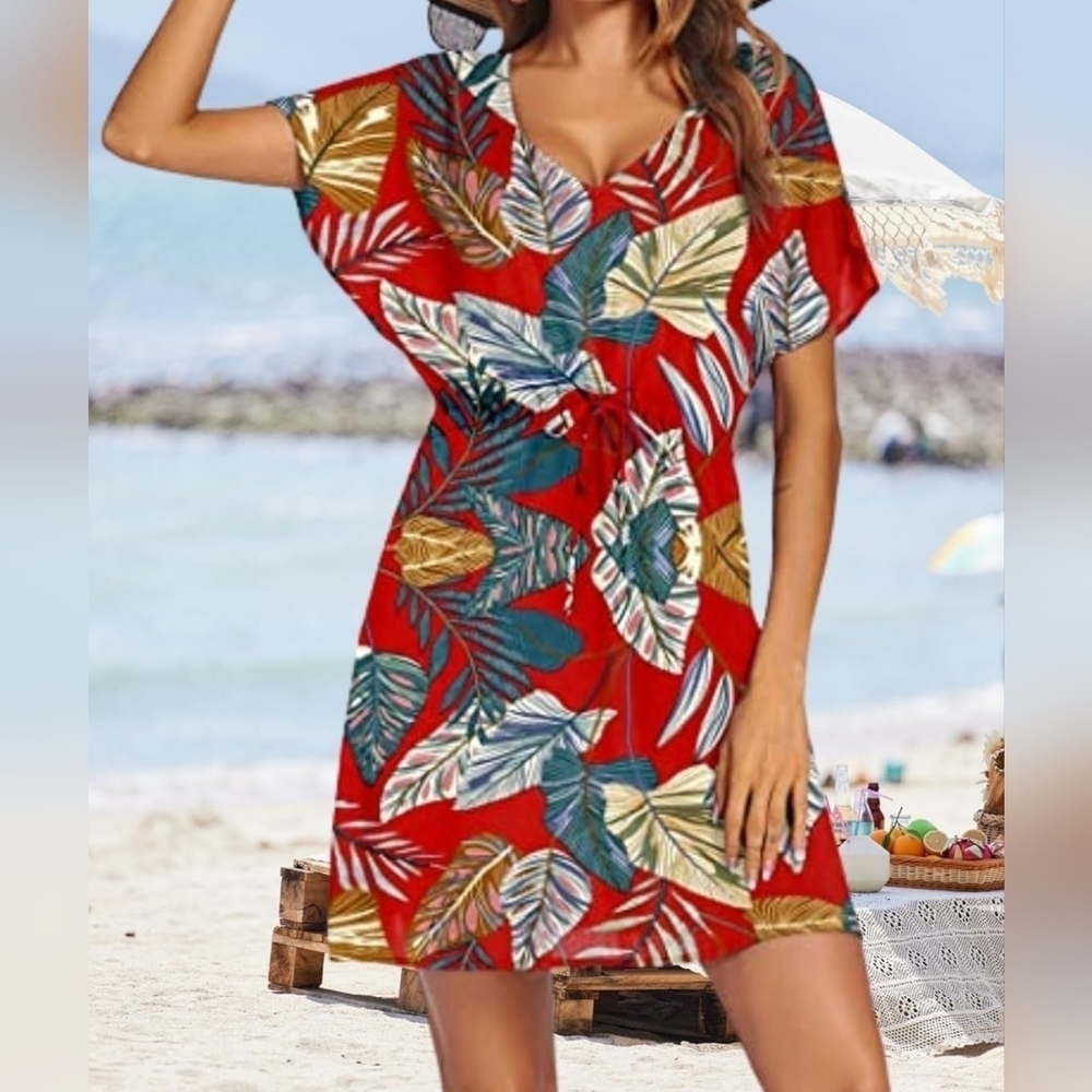 Womens Swimsuit Cover Up V Neck Short Sleeve Beachwear Dress, Ref Leaf Floral